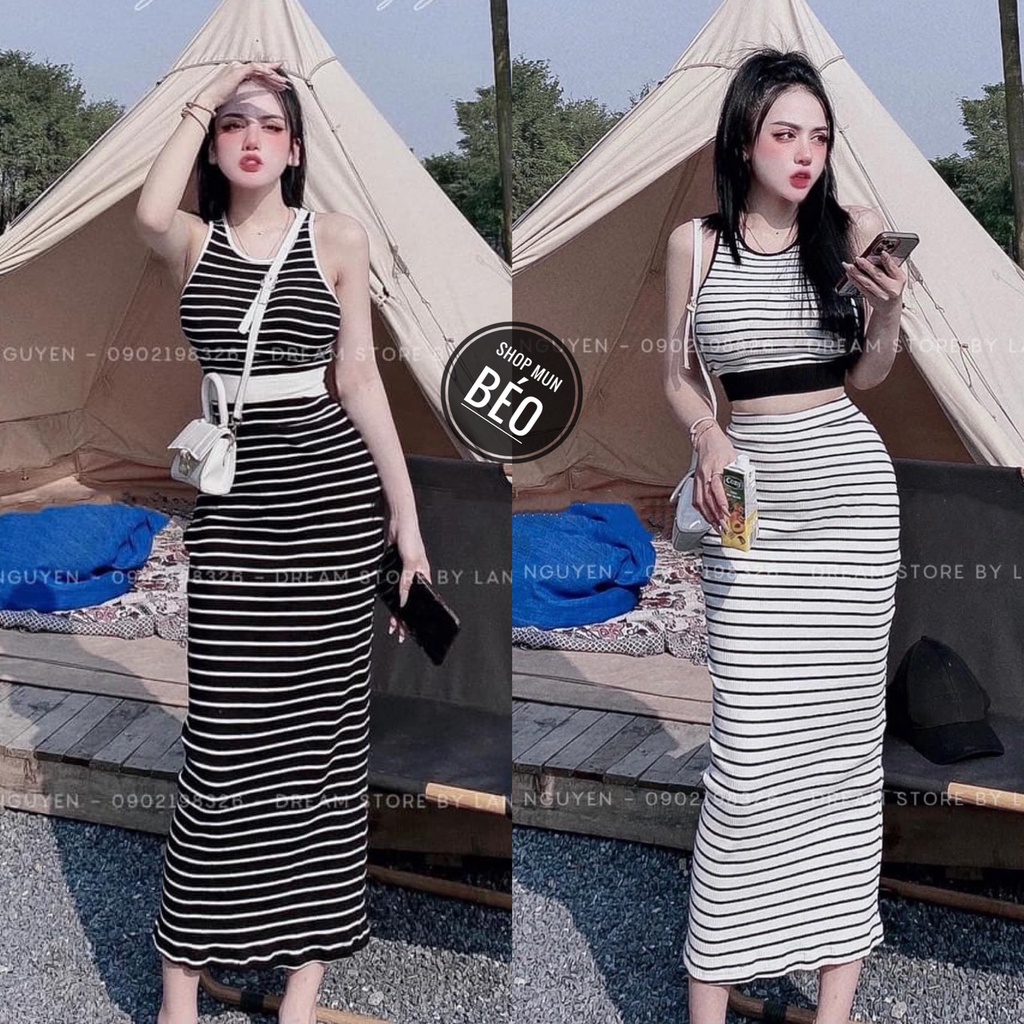 Set Áo Sát Nách Kèm Chân Váy Dài Sọc Ngang Chất Thun Gân Thích Hợp Mặc Đi Tiệc Đi Làm Đi Chơi