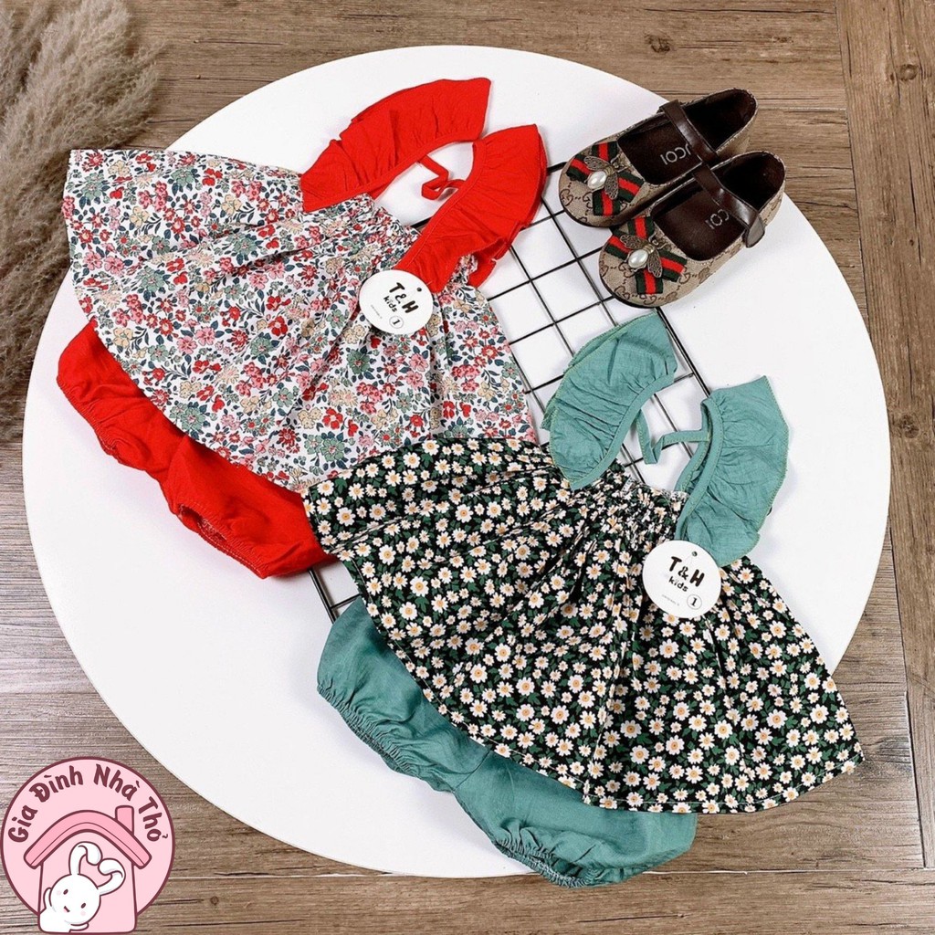 Set bộ áo cánh tiên hoa nhí quần đũi mát cho bé gái ở nhà đi chơi