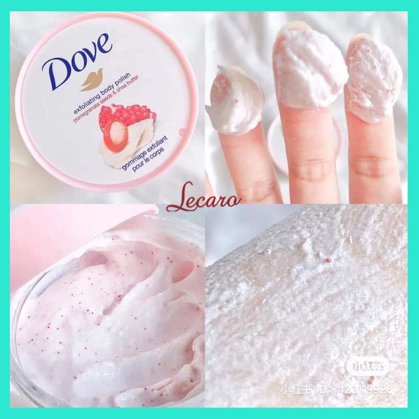 Tẩy tế bào chết DOVE 50G, hương kiwi, lựu đỏ giúp da mềm mại; trắng sáng, hấp thụ sữa dưỡng thể tốt hơn LECARO