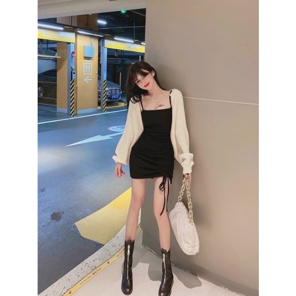 Set áo tay dơi + đầm body dây rút