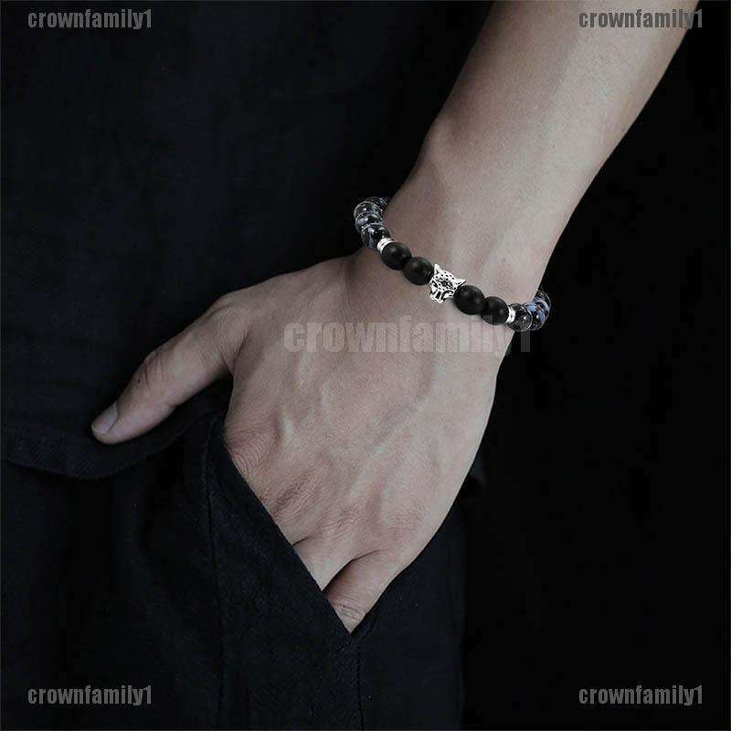 Vòng Tay Chuỗi Hạt Đen Khắc Mã Não Và Da Báo