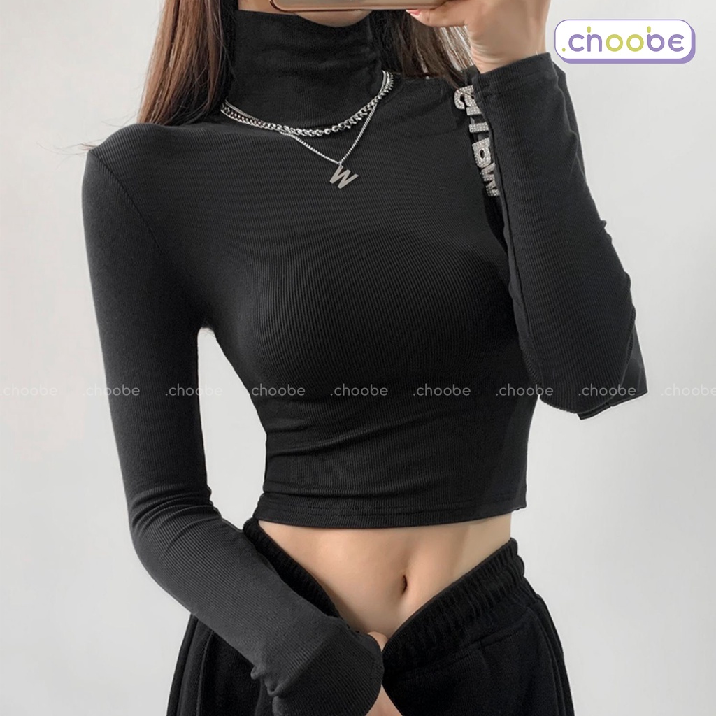 Áo croptop dài tay nữ Choobe cổ lọ chất vải cotton co giãn giữ nhiệt tốt kiểu ôm body cá tính A77