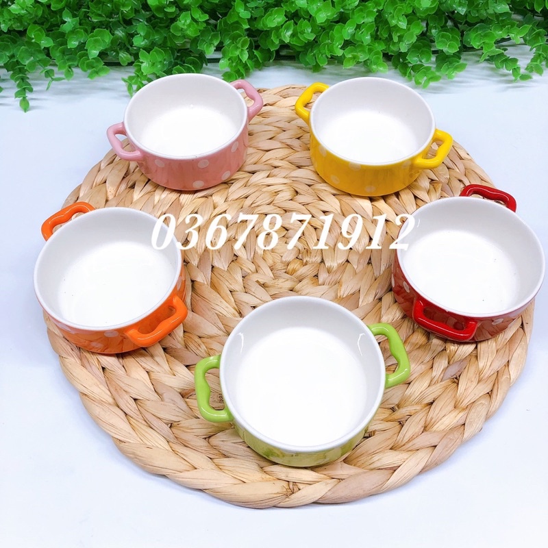 Bát sứ ăn dặm hình nồi có quai chấm bi