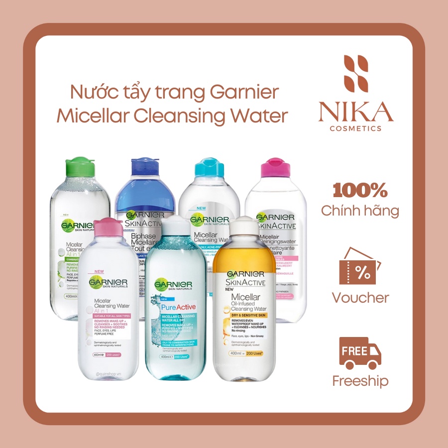 Nước tẩy trang làm sạch Garnier Micellar Cleansing Water 400ml cho mọi loại da [Nika Cosmetics]