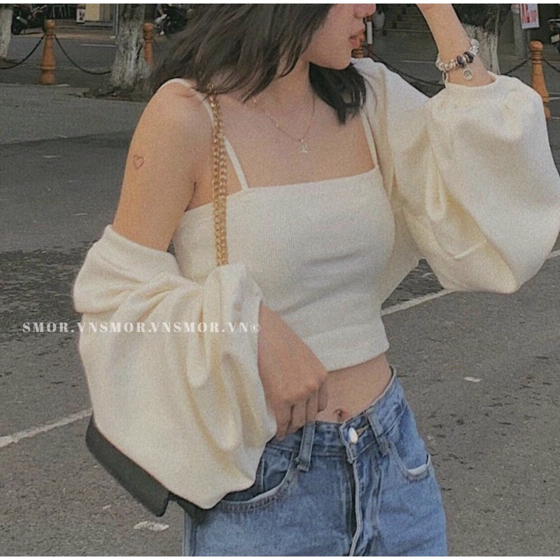 Set áo crop + áo khoác tay phồng