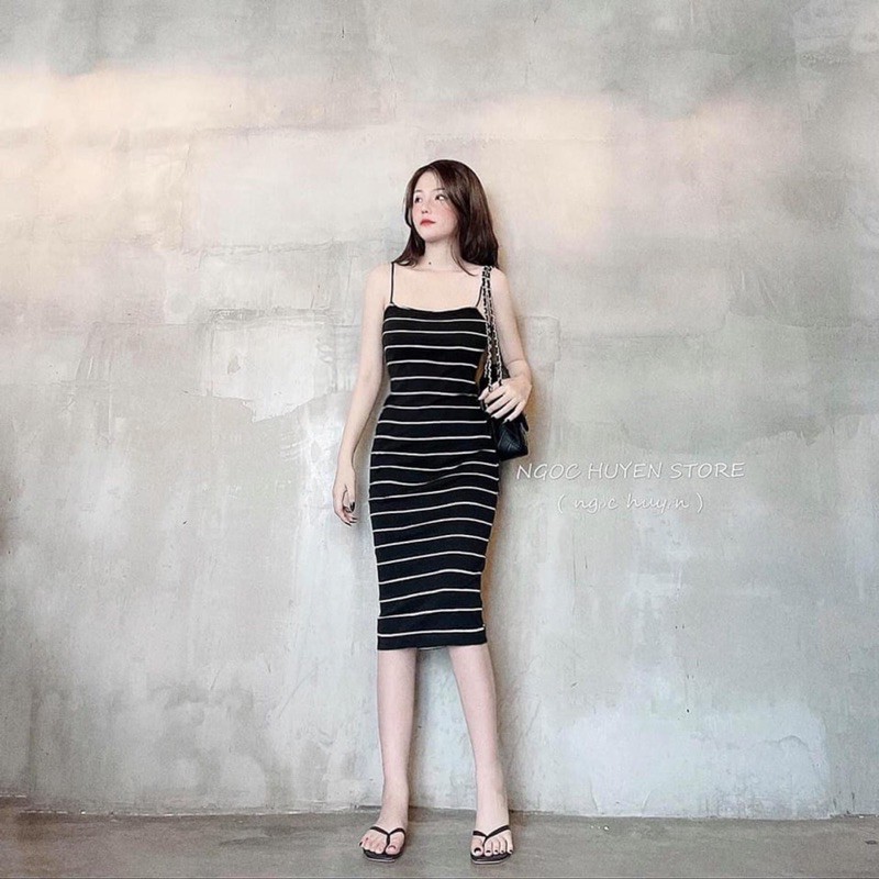 (Kèm hình thật sàn+manocanh shop chụp) Maxi kẻ sọc đen trắng diện hè bao chuẩn