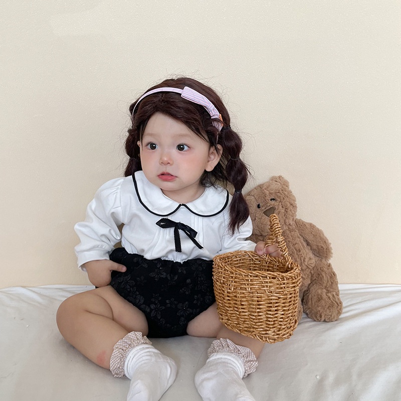 Bộ Áo Liền Quần Tay Dài Cổ Thắt Nơ Chất Liệu Cotton Phong Cách Anh Quốc Dễ Thương Cho Bé Sơ Sinh
