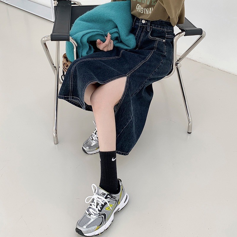 [ GIAO HÀNG BÌNH THƯỜNG ]chân váy bò denim dáng dài lưng cao xẻ tà xanh đậm ulzzang style | BigBuy360 - bigbuy360.vn