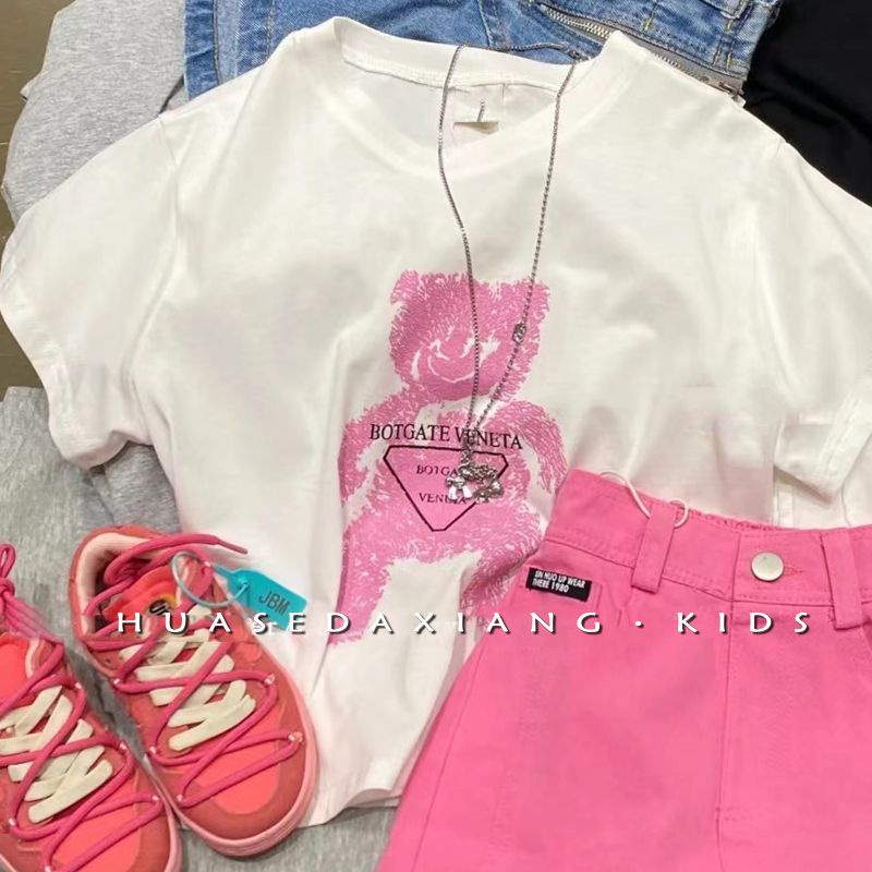 Bộ Áo Thun In Hình Gấu Dễ Thương + Quần Short Thời Trang Mùa Hè Hàn Quốc 2023 Cho Bé Gái