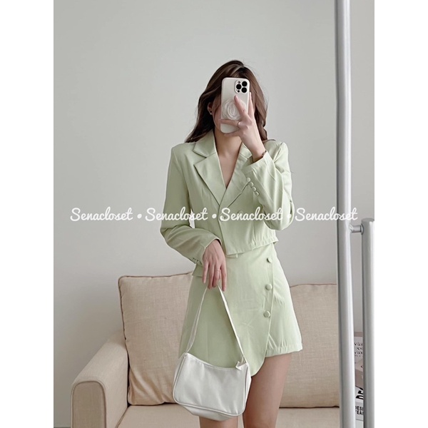 Set áo khoác vest croptop quần giả váy (Ảnh thật/Video)