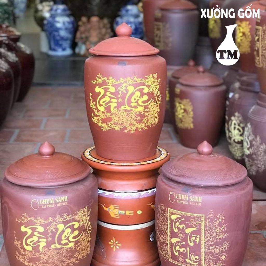 Hũ đựng gạo Xưởng Gốm TM Bát Tràng màu nâu đỏ không tráng men chữ Tài Lộc nhiều kích thước