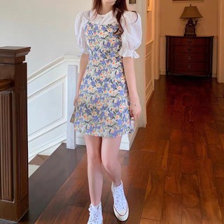 (Kèm ảnh thật) Set váy yếm hoa nhí và áo sơ mi