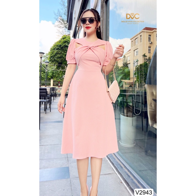 VÁY HỒNG XÒE CỔ CHÉO V2943-DOLCE VIVA COLLECTION