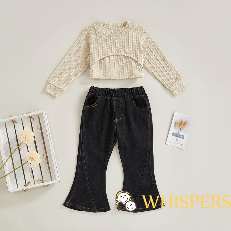 Set Áo Thun Dài Tay Trơn Màu + Quần Denim Ống Loe Thời Trang Dành Cho Bé Gái