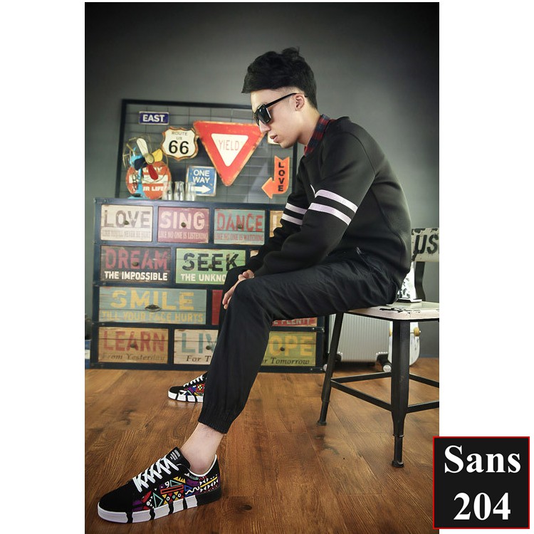 Giày sneaker nam thể thao Sans204 màu đen xanh họa tiết