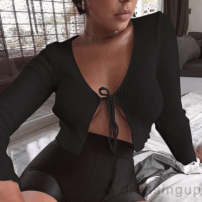 [Mã FAMAYWA giảm 10K đơn 50K] Áo dệt kim tay dài quyến rũ cổ chữ V màu trơn cho nữ | BigBuy360 - bigbuy360.vn