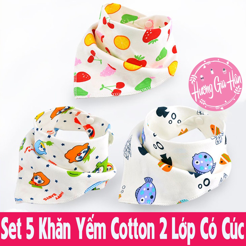 Set 5 Khăn Yếm Cotton Tam Giác Cao Cấp 2 Lớp Có Cúc Bấm