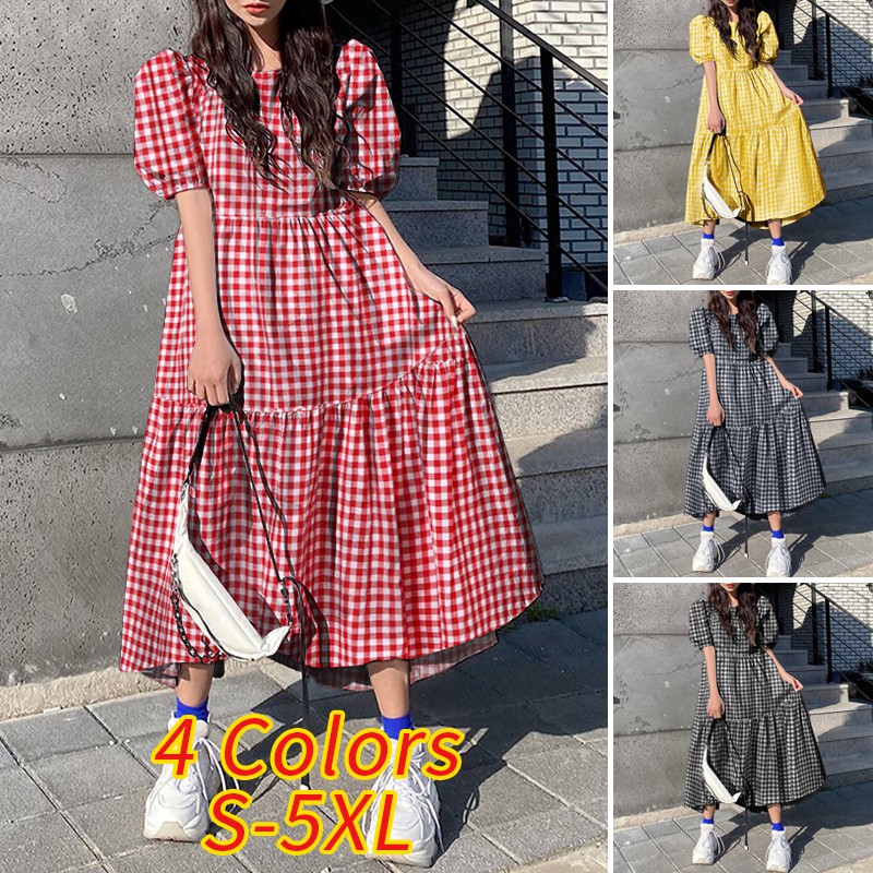 Đầm VONDA Ngắn Tay Họa Tiết Ca Rô Dáng Rộng Thời Trang Cho Nữ | BigBuy360 - bigbuy360.vn