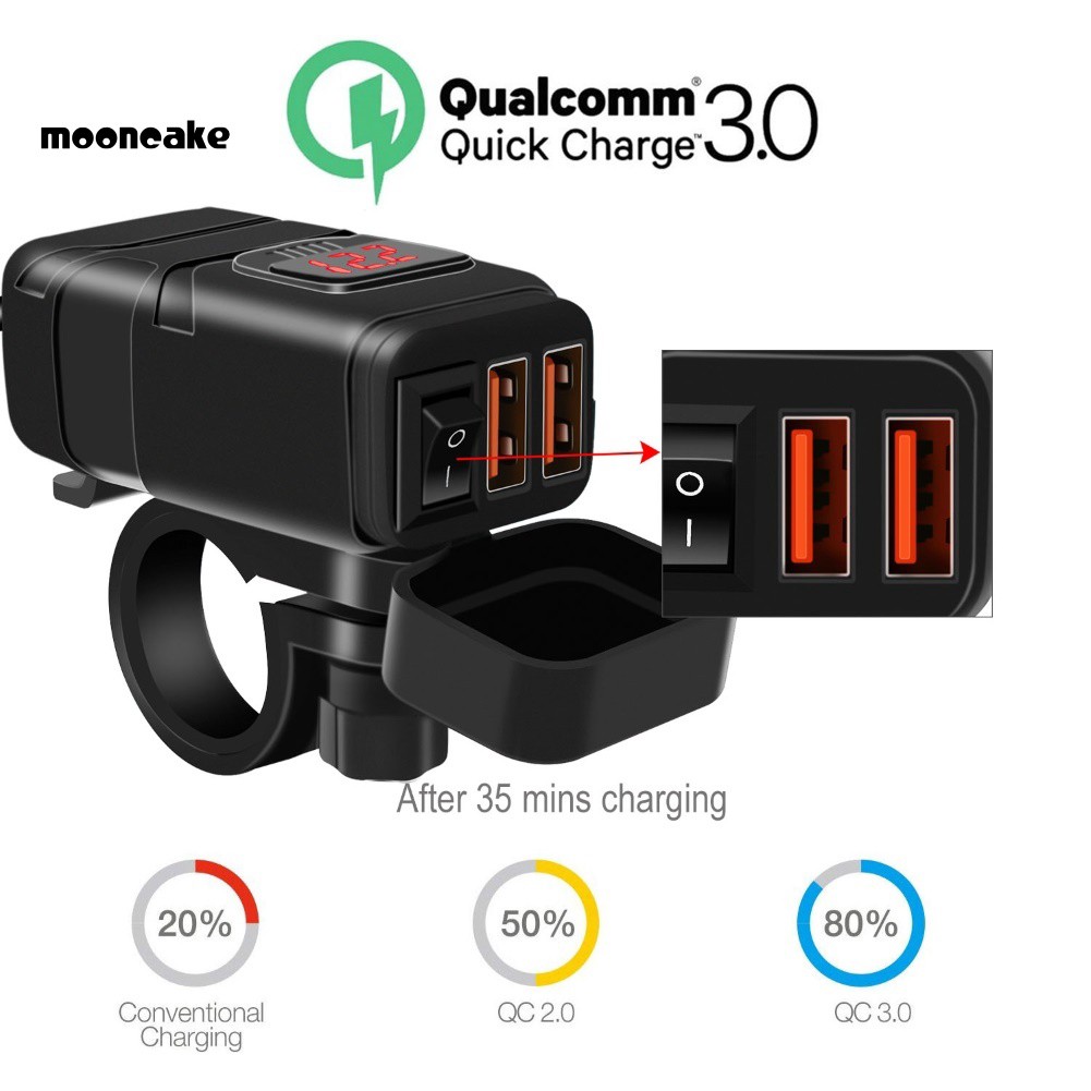 Tẩu Sạc Hai Cổng Usb Qc3.0 Có Vôn Kế Cho Xe Mô Tô