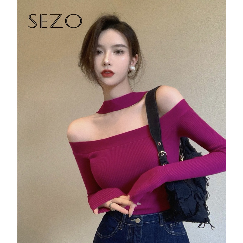 SEZO Áo dệt kim tay dài trễ vai phong cách Hàn Quốc thời trang cho nữ