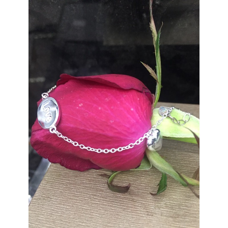 Lắc tay dây tim phồng nhỏ bạc thật chữ Love trơn 2 dây 1 viên đá