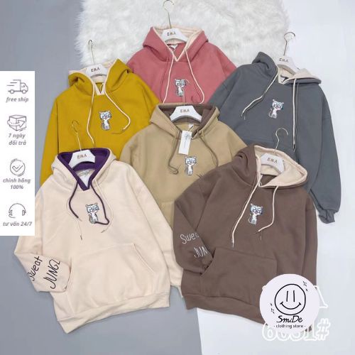 Áo Hoodie Có Mũ Thêu Hình Mèo Ngực Tay Dài Dày Dặn Hàng Quảng Châu Kiểu 1 | Smide Clothing