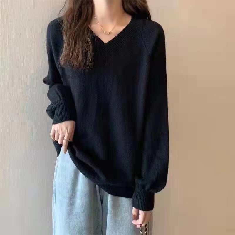 Áo Sweater Dài Tay Phong Cách Lười 197802 Áo Len Form Rộng Cổ Chữ v Theo Phong Cách Hàn Quốc