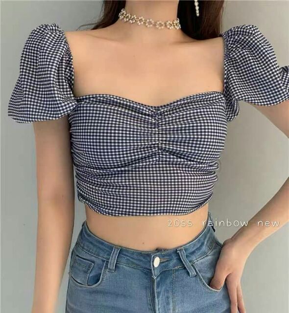 Áo Croptop Tay Ngắn Cổ Vuông Sọc Caro