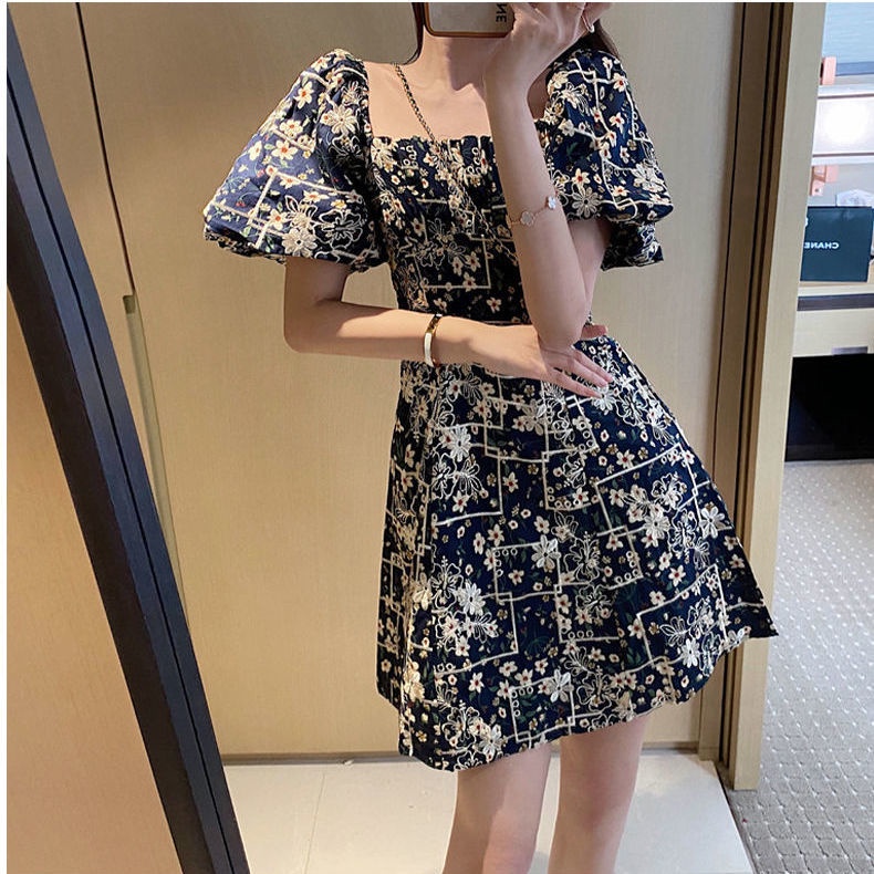 Đầm tay phồng cổ vuông in hoa kiểu Pháp thời trang xinh xắn cho nữ