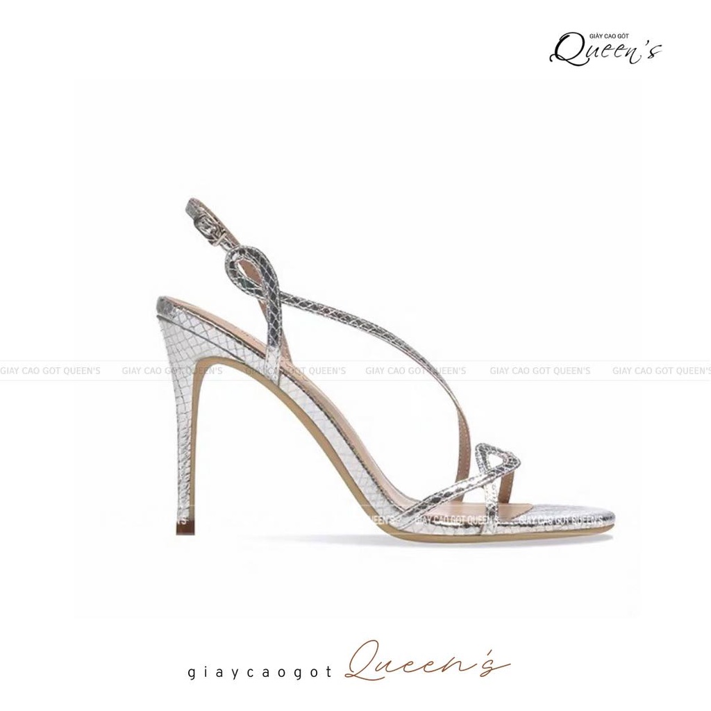 Giày Cao Gót Sandal Chéo Dây Màu Bạc Vân Rắn Êm Chân Sang Trọng Cho Nữ Dự Tiệc Và Công Sở Cao 9-11cm - Bảo Hành 1 Năm
