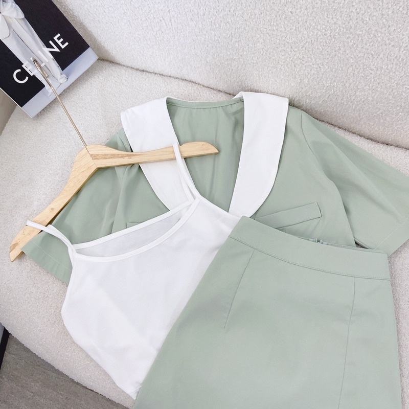 Set vest xanh mint + Chân váy xẻ