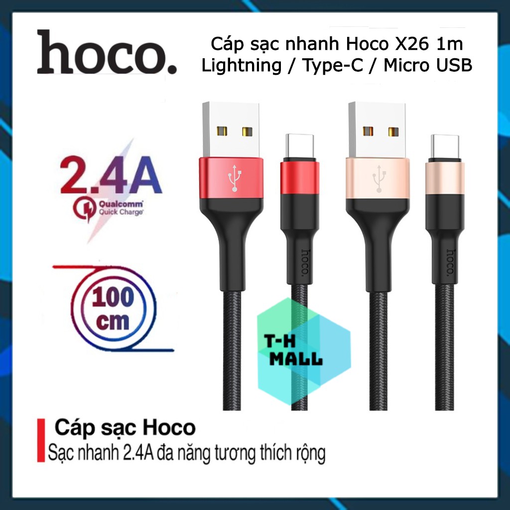 [Mã 2404EL10K giảm 10K đơn 20K] Dây cáp sạc nhanh Hoco X26 cổng Lightning / Type-C / Micro USB dài 1M