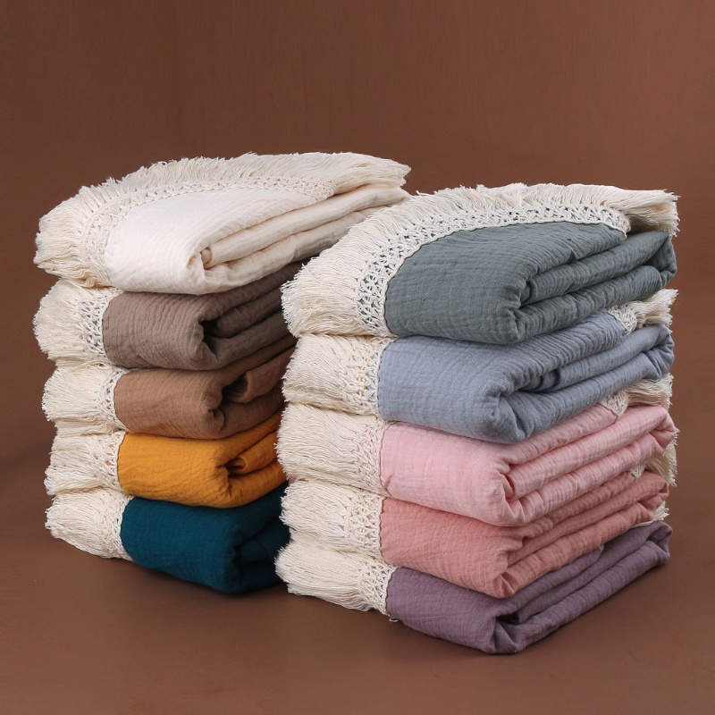 Chăn Quấn Em Bé Bằng Cotton Phối Tua Rua Trang Trí Giường Ngủ