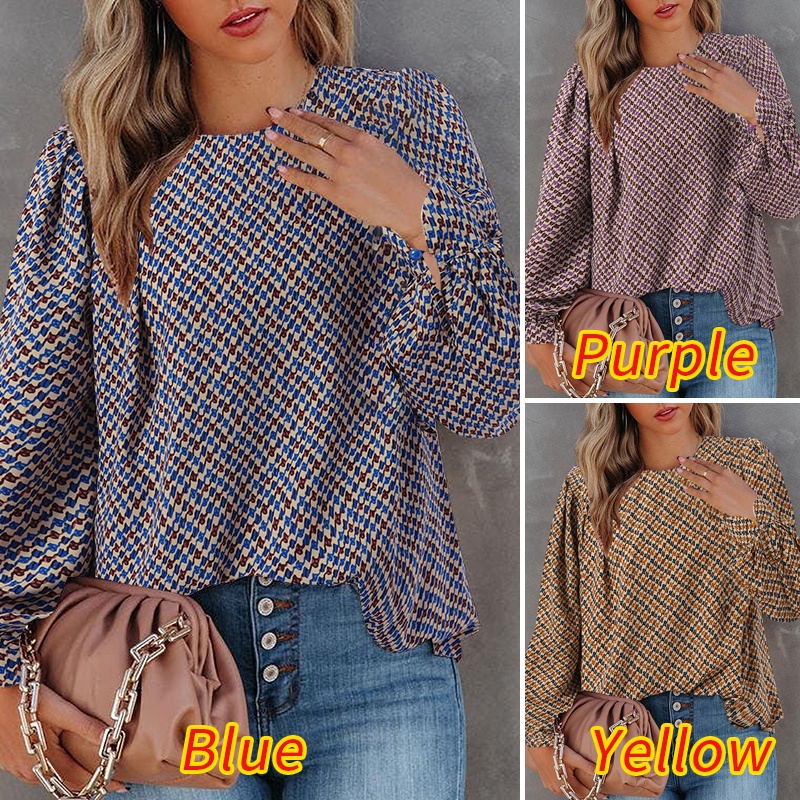 Áo kiểu ZANZEA cổ tròn tay phồng in họa tiết phong cách retro thời trang cho nữ