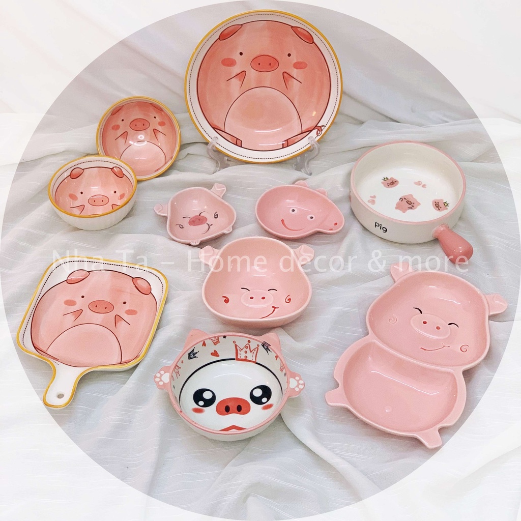 Bát đĩa gốm sứ decor bộ chén dĩa heo hồng siêu đẹp