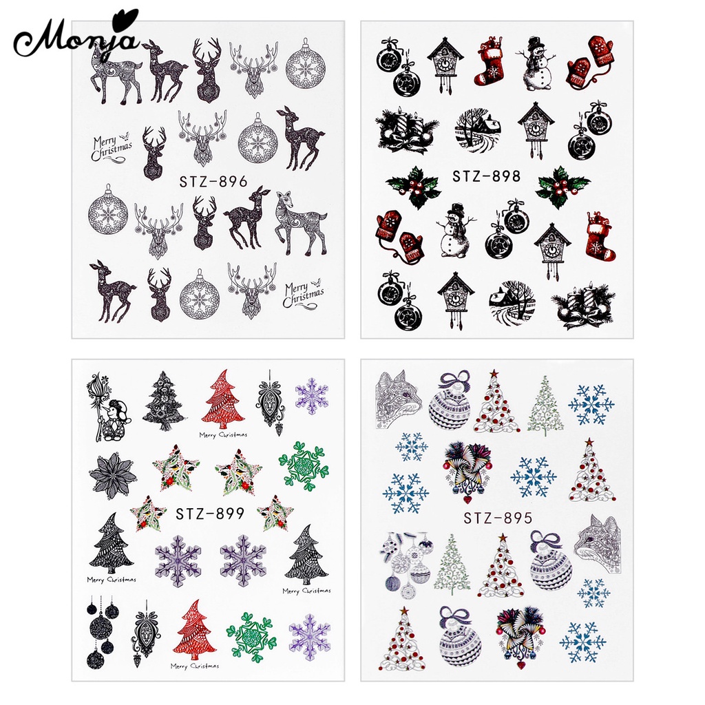 [Hàng mới về] Bộ 12 Miếng Dán Trang Trí Móng Tay Họa Tiết Giáng Sinh Monja