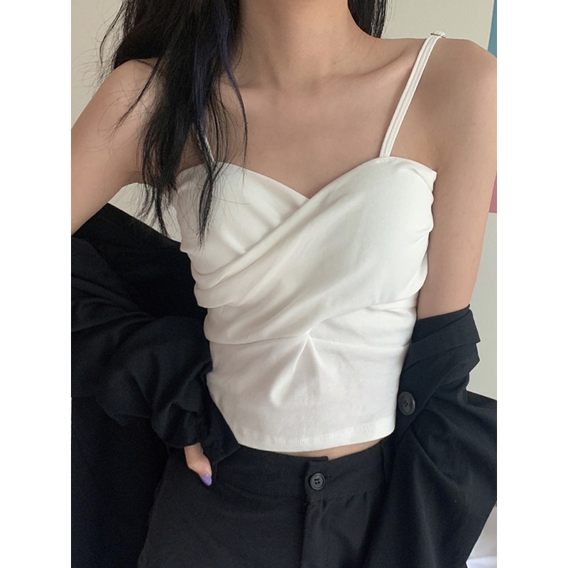 Áo kiểu nữ đẹp hai dây 2021, áo bánh bèo tiểu thư màu đen,trắng,xám cổ v đệm ngực chéo thời trang hàn quốc du lịch  ཾ ྇