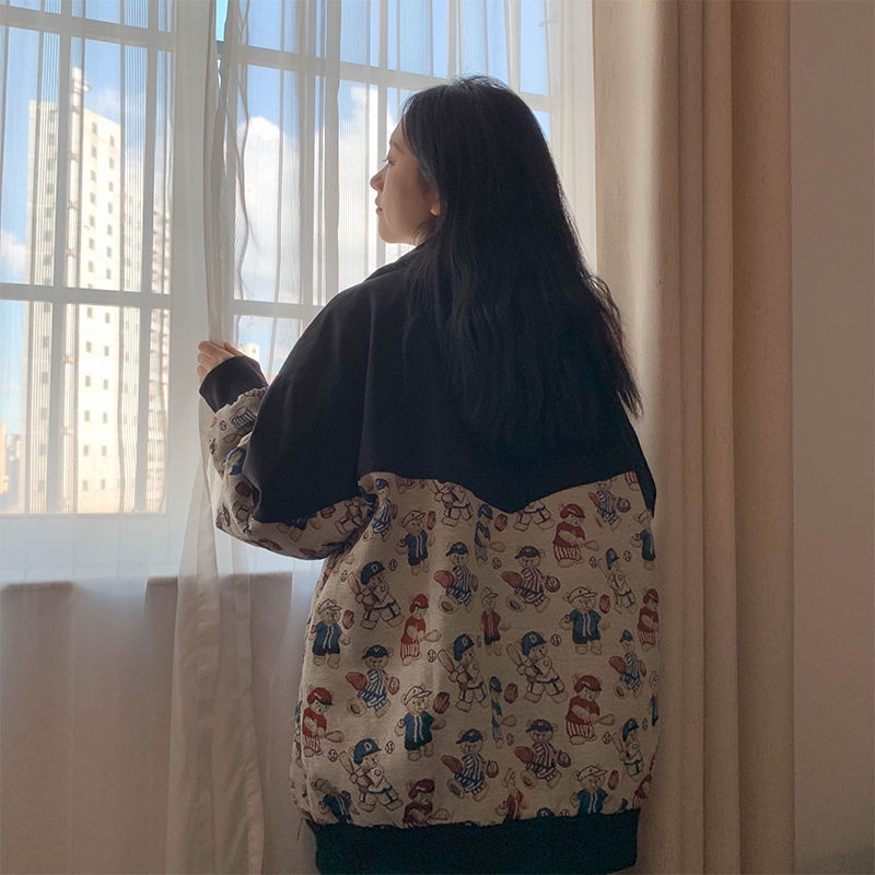 Áo khoác bóng chày cổ bẻ dáng rộng in hình gấu kiểu retro thời trang xuân thu cho nam