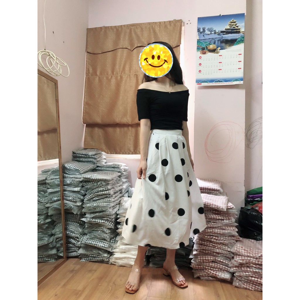 Chân váy chấm bi,  Chất lụa hàn, mềm mát, váy 2 lớp, đai bán chun