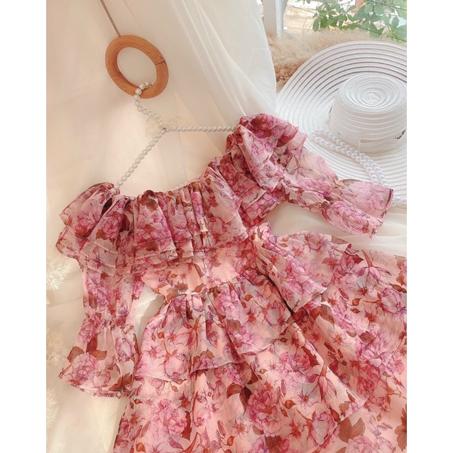 Đầm nữ trễ vai hoa tiết hoa xếp tầng cực dễ thương hàng may kỹ có lót toàn thân | BigBuy360 - bigbuy360.vn