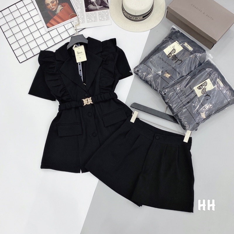 Sét áo cổ vest tay bèo mix sooc kèm đai