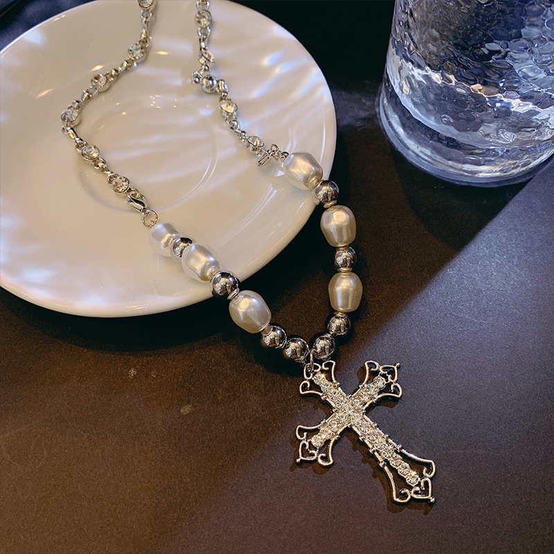 Vòng cổ Chuỗi Ngọc Trai Mặt Thánh Giá Phong Cách hip hop Cho Nam Và Nữ