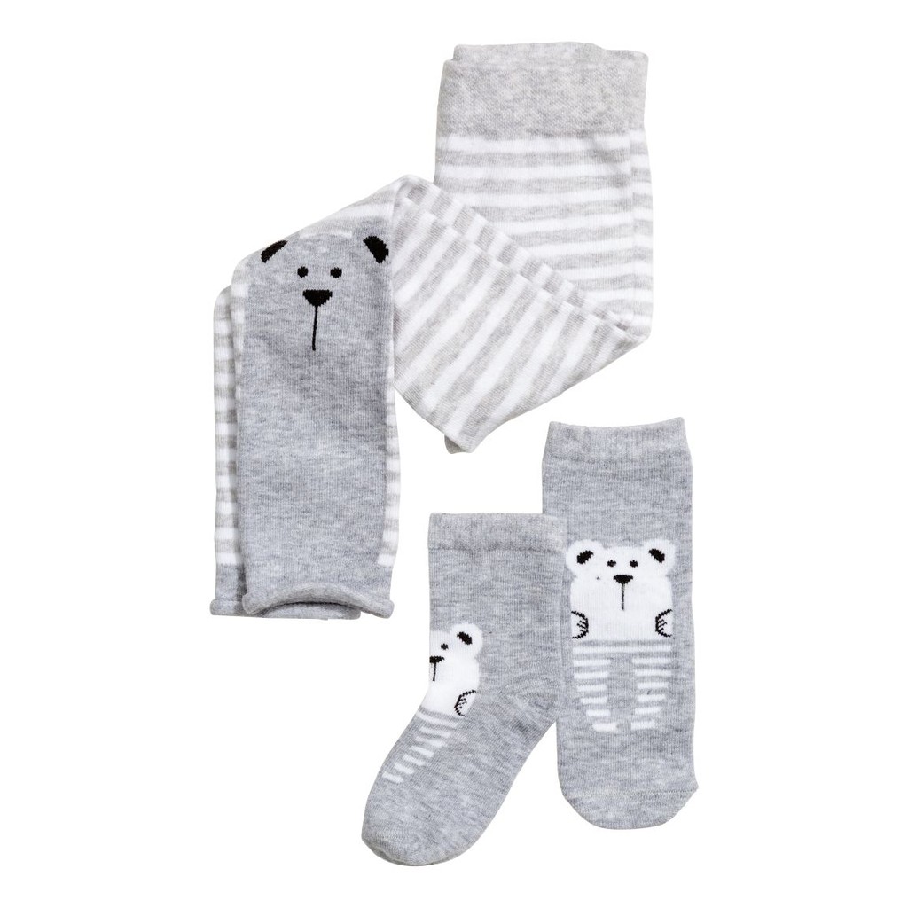 Set quần tất + tất xám kẻ HM H&amp;M sz 1-2y_hàng chính hãng authentic