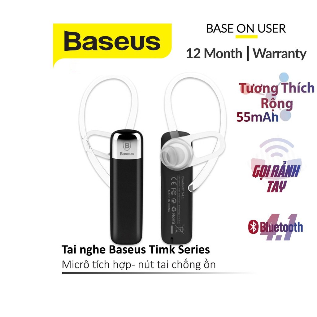 Tai nghe Bluetooth V4.1 Baseus Timk Series dung lượng pin 55mAh chất liệu ABS microphone có khả năng lọc tiếng ồn