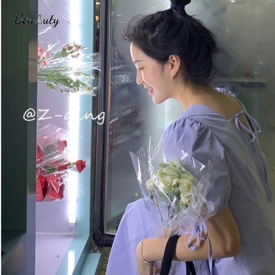 [MURIOKI] Đầm Dáng Chữ A Tay Phồng Cổ Vuông Màu Trắng Đen Phong Cách Hàn Quốc Thời Trang Cho Nữ