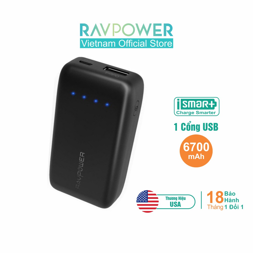 [Mã ELTECHZONE giảm 5% đơn 500K] Pin Sạc Dự Phòng RAVPower 6700mAh 12W iSmart 2.0,Thiết Kế An Toàn UL94 V-0 RP-PB060