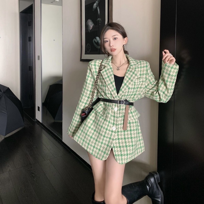 Áo dạ cổ vest kẻ 2 màu TẶNG kèm Belt