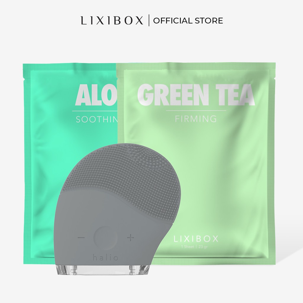 [Mã COSLXT5 giảm 10% đơn 600K] Combo Máy Rửa Mặt Và Mát Xa Da Mặt Halio, 2 Mặt nạ Lixibox - Aloe và Green Tea