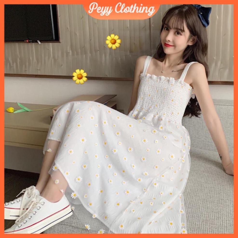 Váy 2 dây dáng dài trắng bánh bèo hoa cúc vintage, váy hai dây bản to phong cách ulzzang Hàn Quốc V07 - Peyy Clothing  ཾ