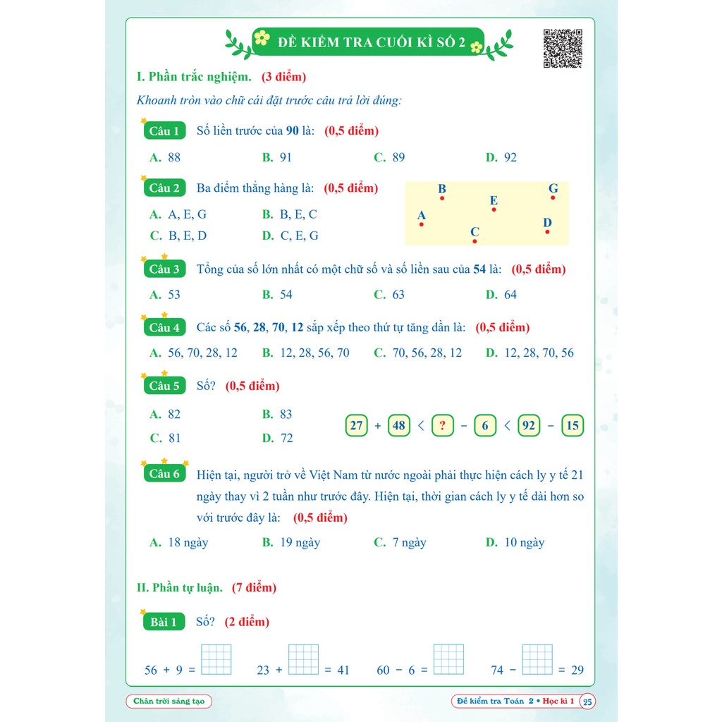 Sách - Đề Kiểm Tra Toán Lớp 2 - Chân Trời Sáng Tạo - Học Kì 1 (1 cuốn)